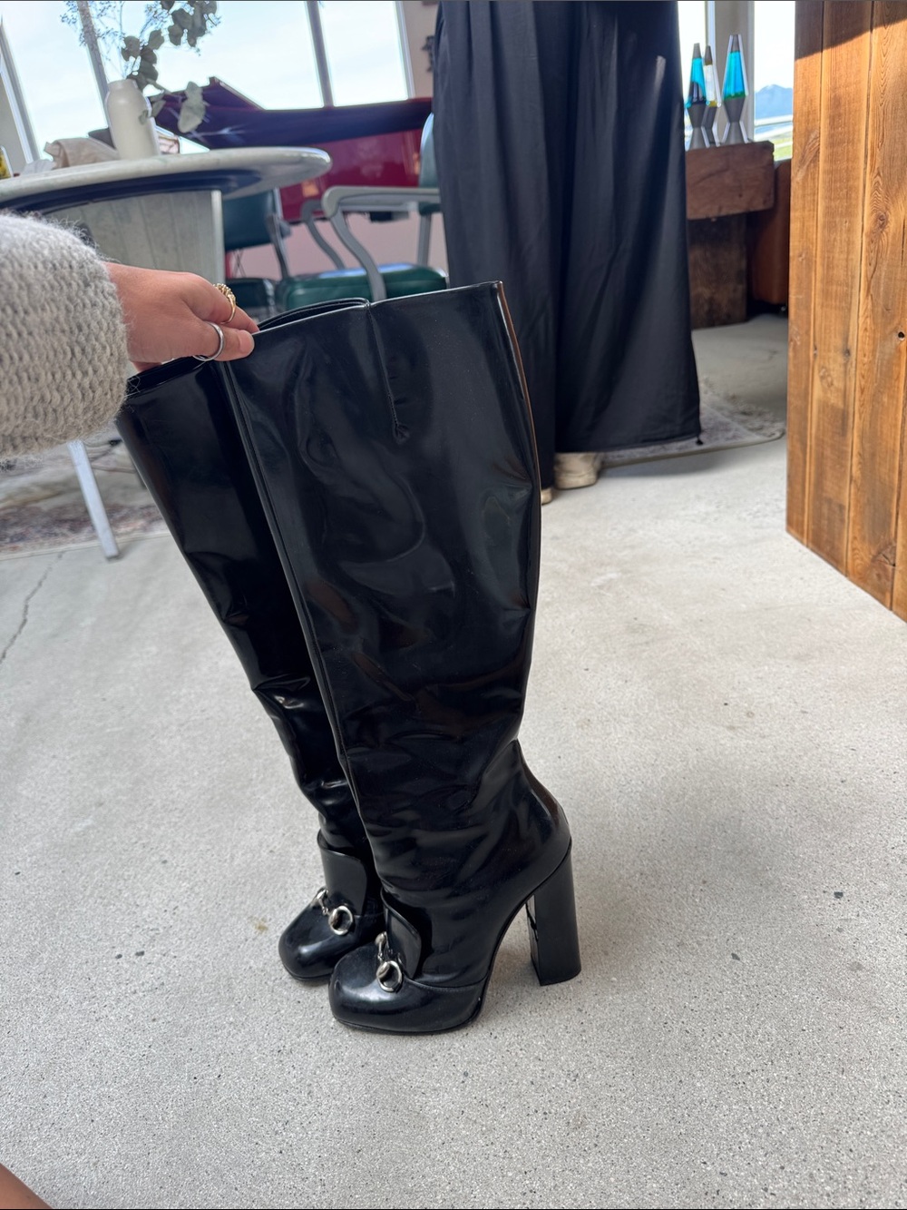 Gucci Black Patent Knee-High Platform Boots with Silver Ring